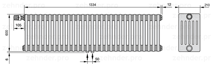 Схема (чертеж) Радиатор Zehnder Charleston 6060/29 №V007 Белый глянцевый RAL 9016